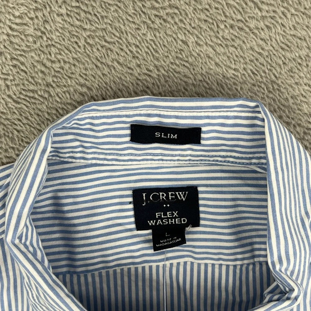 NEW J Crew L Slim Flex Washed Men's Blue White Striped Classic Long Sleeve Shirt